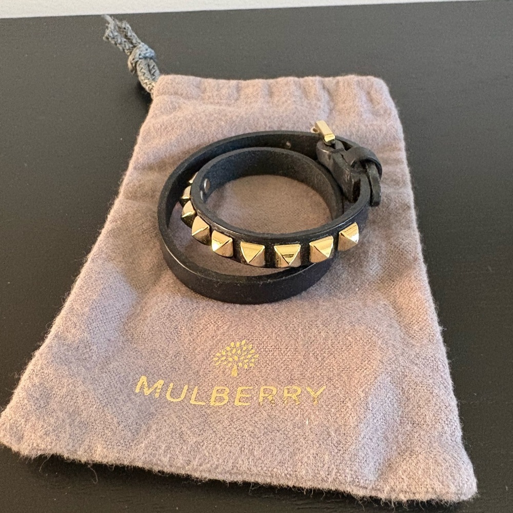 Mulberry Black Leather Wrap Bracelet with Brass Accents